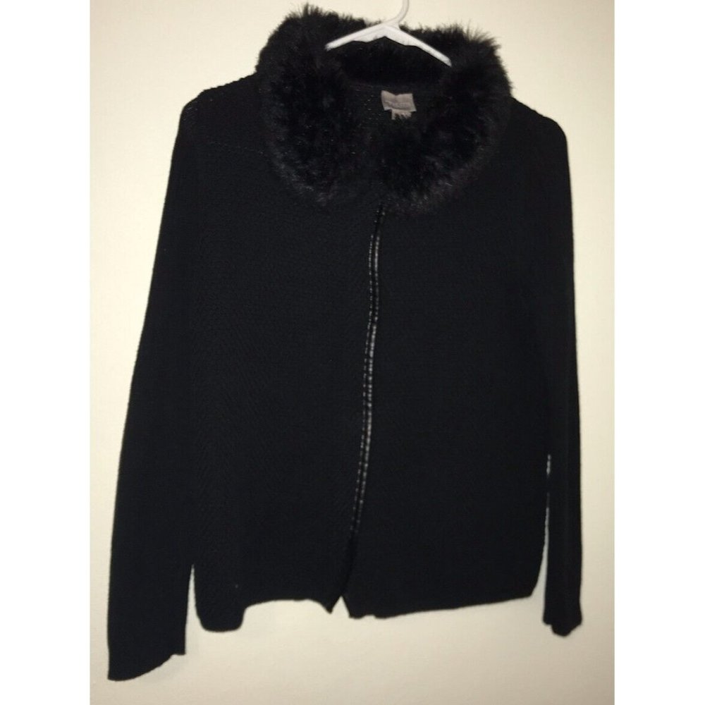 Chicos Jacket Coat Women Extra Small X S Black Faux Fur Collar Full Snap Front